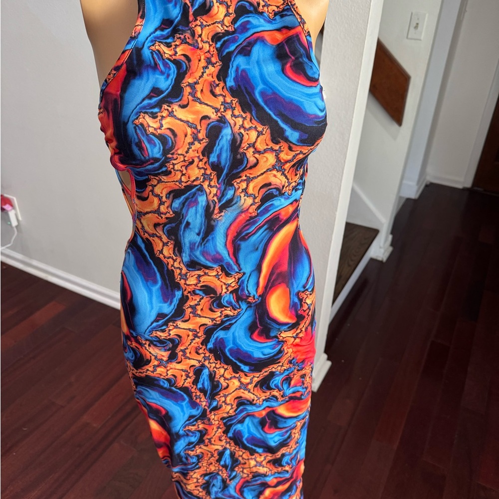 SHEIN Blue and Orange Swirl Backless Dress